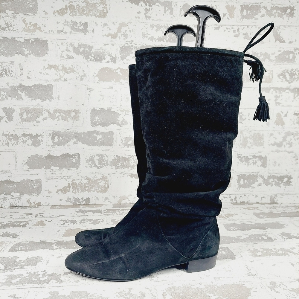 Victor Alfaro Heath Black Suede Leather Tie Calf Stacked Heel Boots D1049